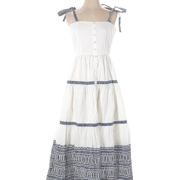 Oliphant Midi Tiered Button Dress with Bow Sleeves Blue and White Pattern - Picture 3 of 8